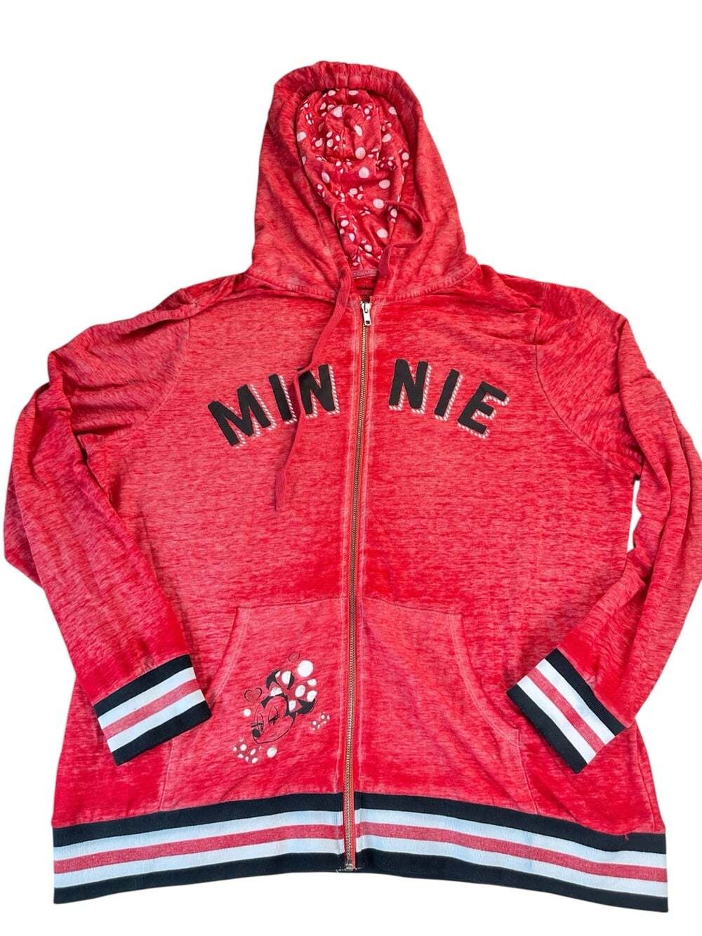 Disney Parks Minnie Mouse Full Zip Hoodie 1X Red Plus Size Varsity Polka Dot